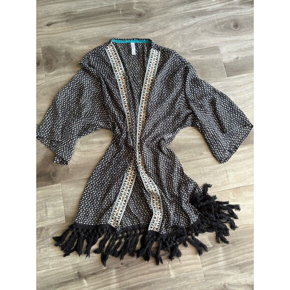 Xhilaration Open Front Kimono Beach Cover Up Print Fringe Hem Embroidery S‎ Blue - Picture 1 of 9